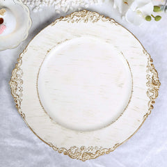 6-Pack Acrylic Round Charger Plates 13" in White Washed with Gold Embossed Baroque Rim, Antique Decorative Dinner Party Charger Tableware