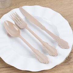 72 Pcs Plastic Silverware Set in Baroque Style Taupe - Heavy Duty Disposable Knife, Fork, and Spoon Set