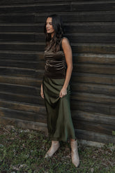 Nellie Satin Midi Skirt - Olive