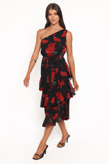 Brigette One Shoulder Tiered Midi Dress - Red Floral