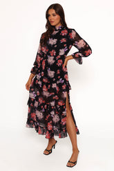 Isadora Long Sleeve Maxi Dress - Black Blurred Floral