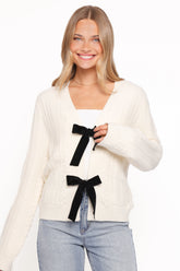 Bree Velvet Bow Cardigan - Cream