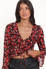 Aveline Chiffon Ruffle Front Top - Brown Floral