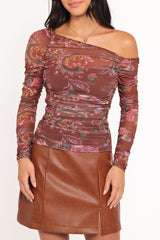 Elfrida Off Shoulder Mesh Top - Brown Floral