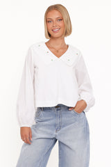 Kenna Embroidered Long Sleeve Top - White Floral