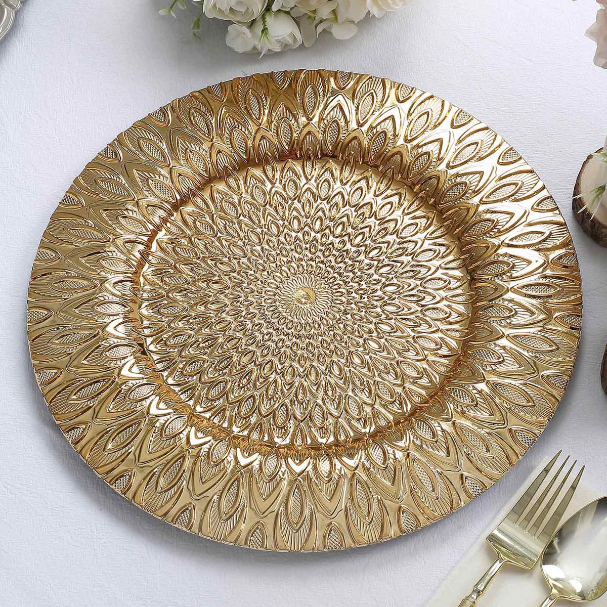 6-Pack Plastic Round Charger Plates 13" in Gold with Embossed Peacock Pattern, Stylish Disposable Charger Tableware