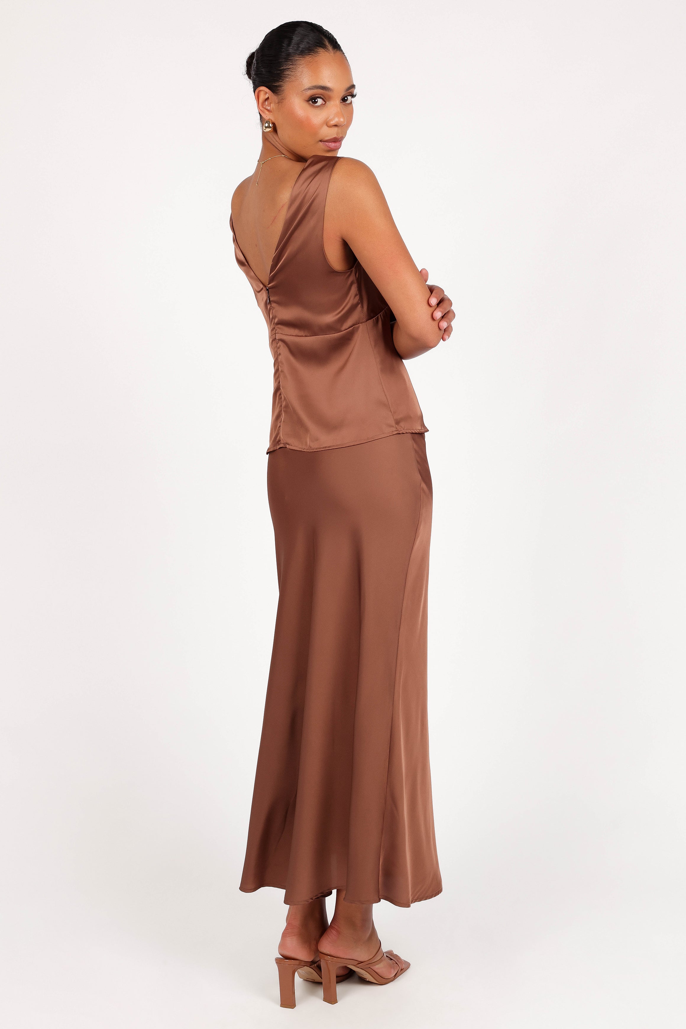 Nellie Satin Midi Skirt - Banksia Brown