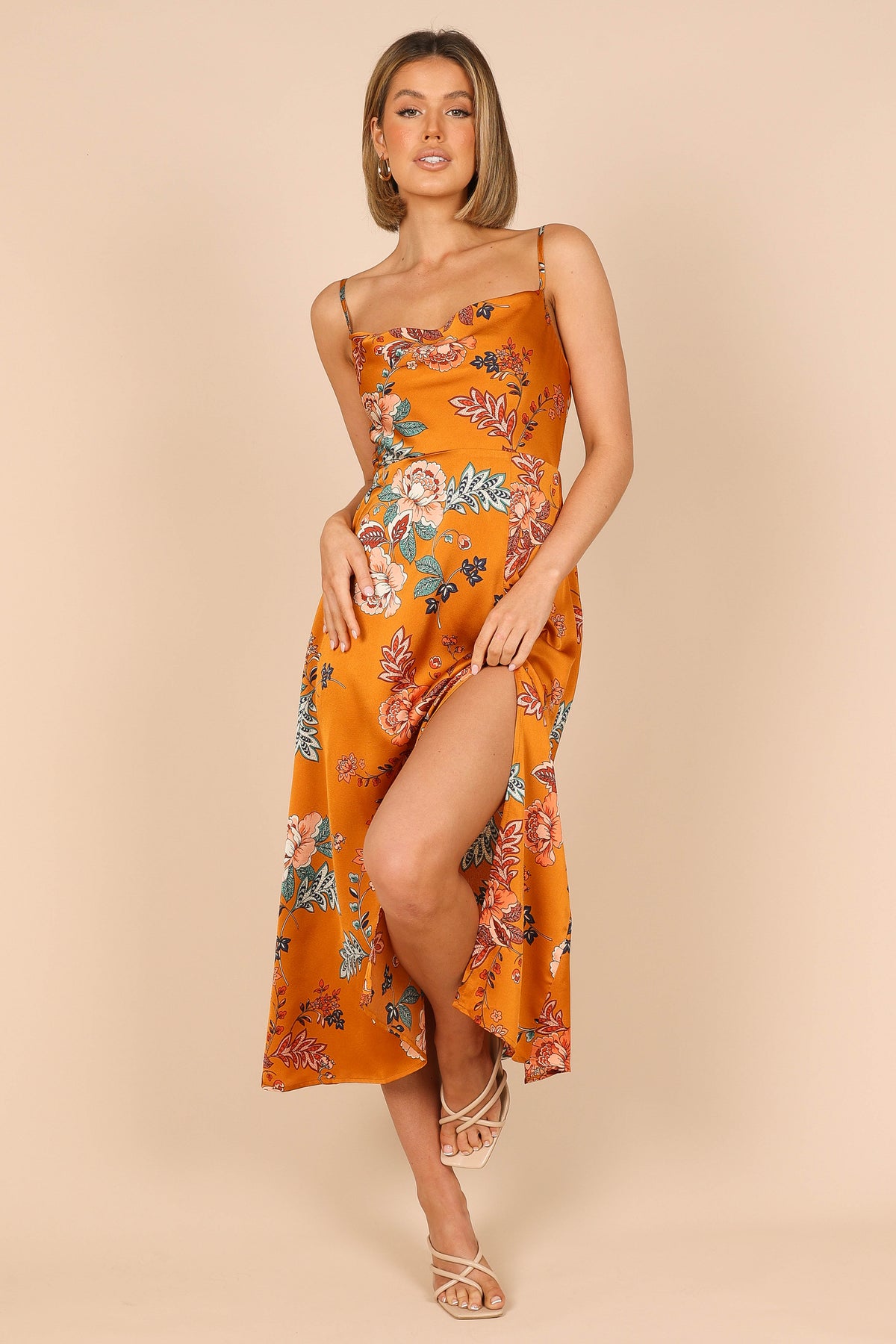 Alejandra Cowl Neck Midi Dress - Tan