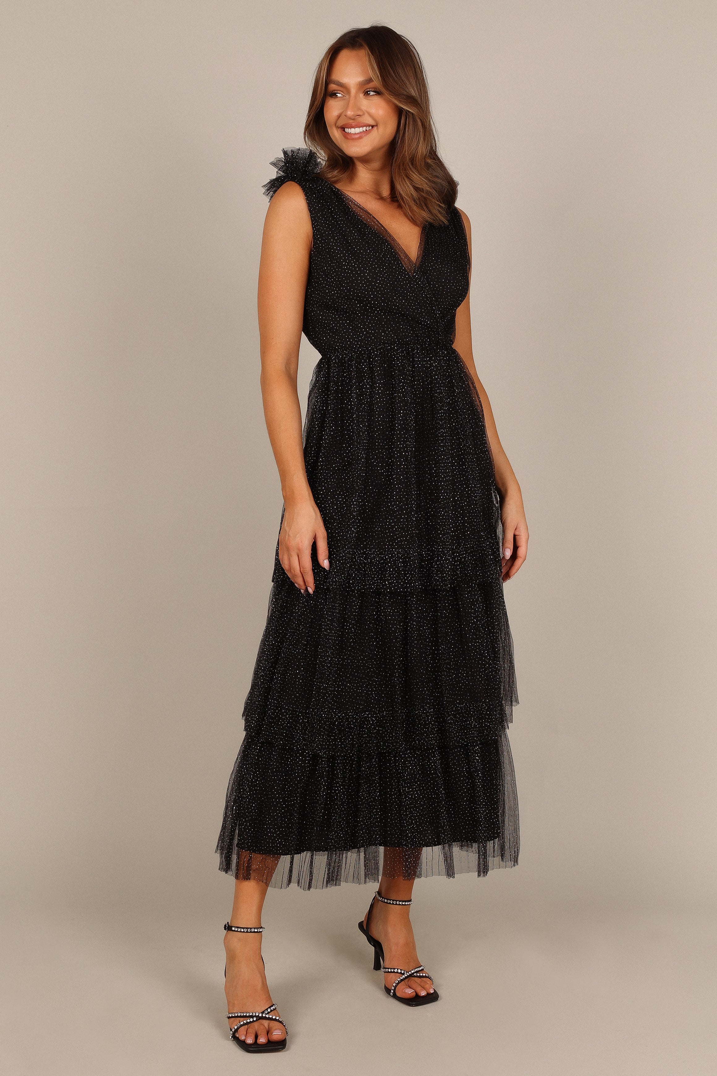 Asteria Tulle Tiered Maxi Dress - Black Sparkle