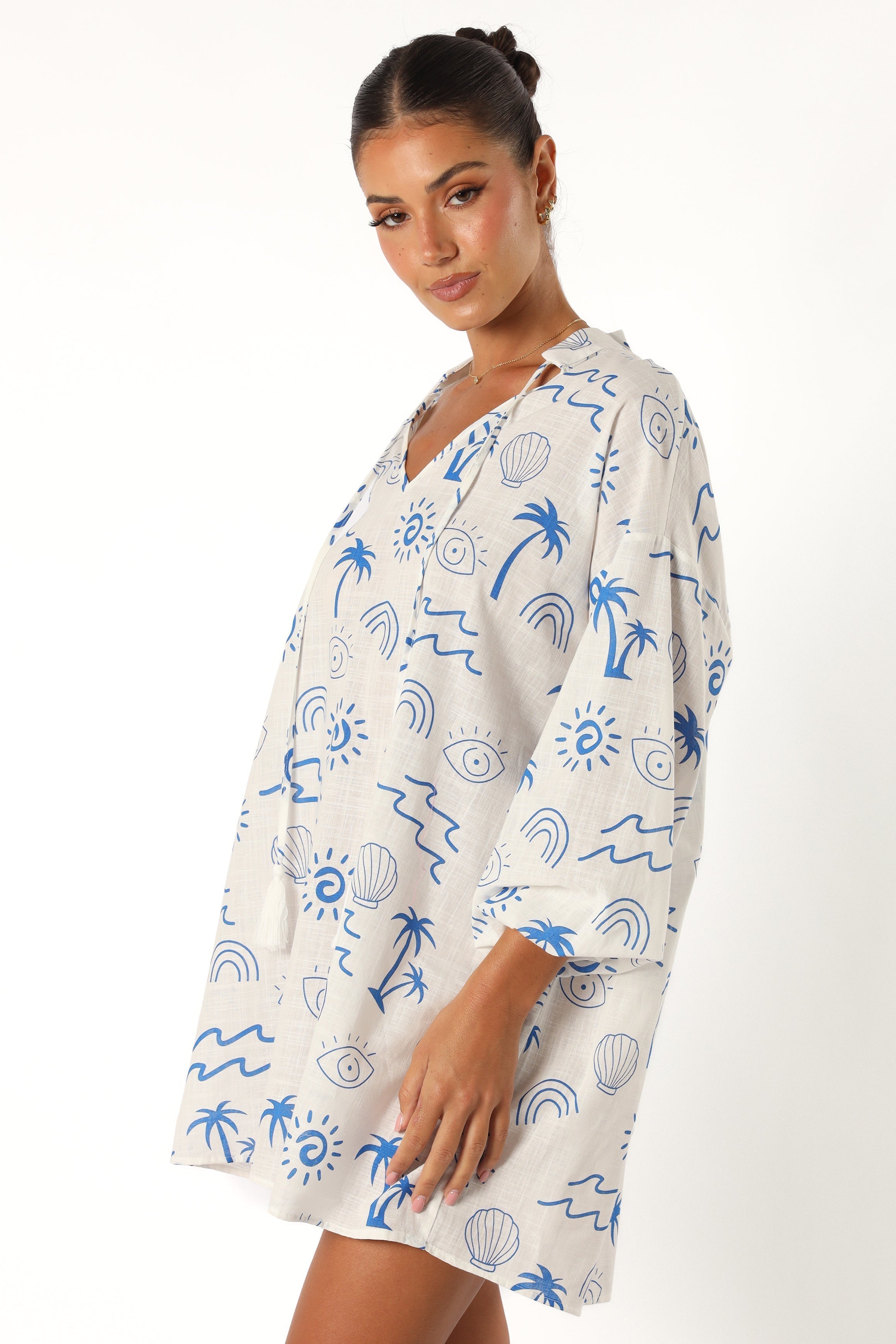 Laila Long Sleeve Linen Mini Dress - White Blue