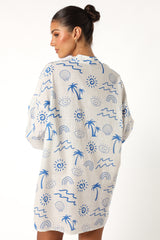 Laila Long Sleeve Linen Mini Dress - White Blue
