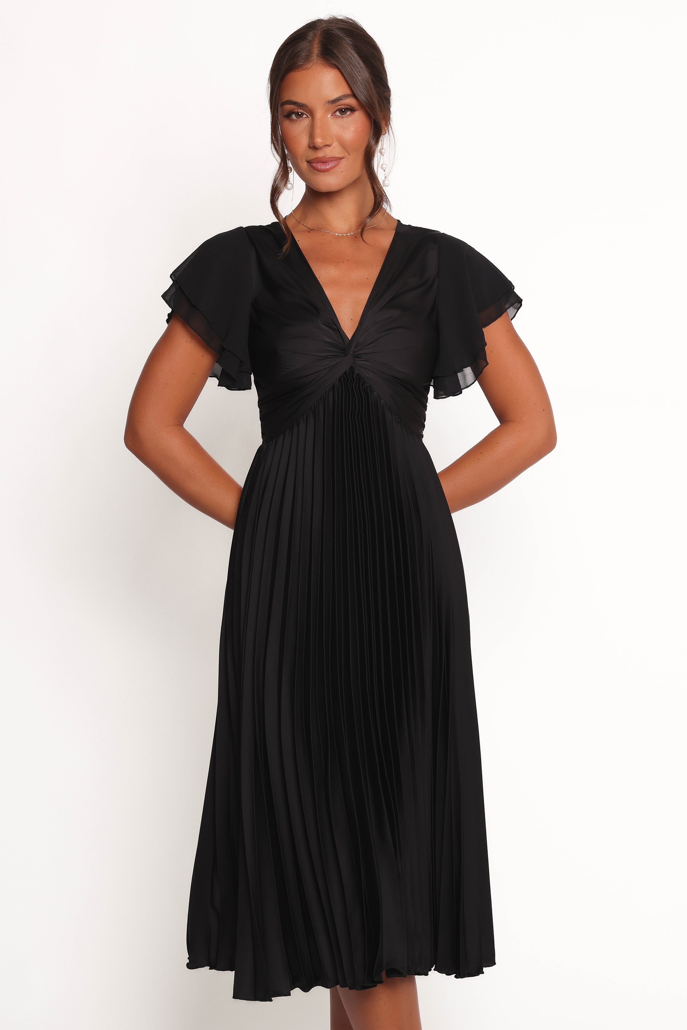 Nova Flutter Sleeve Midi Dress - Black