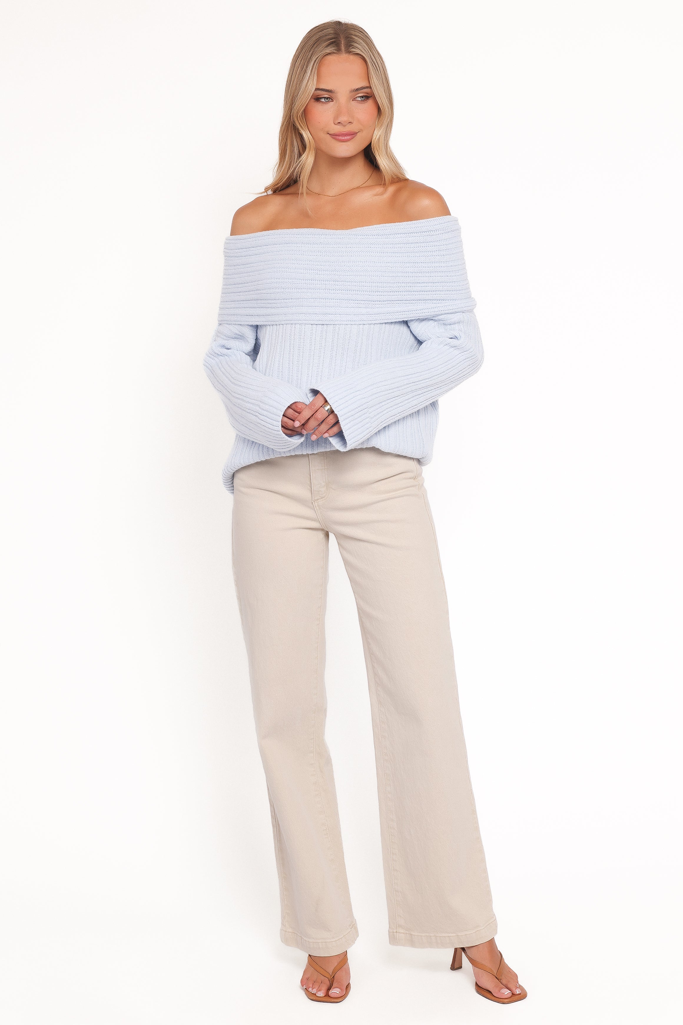 Kenny Off Shoulder Knit Sweater - Pale Blue