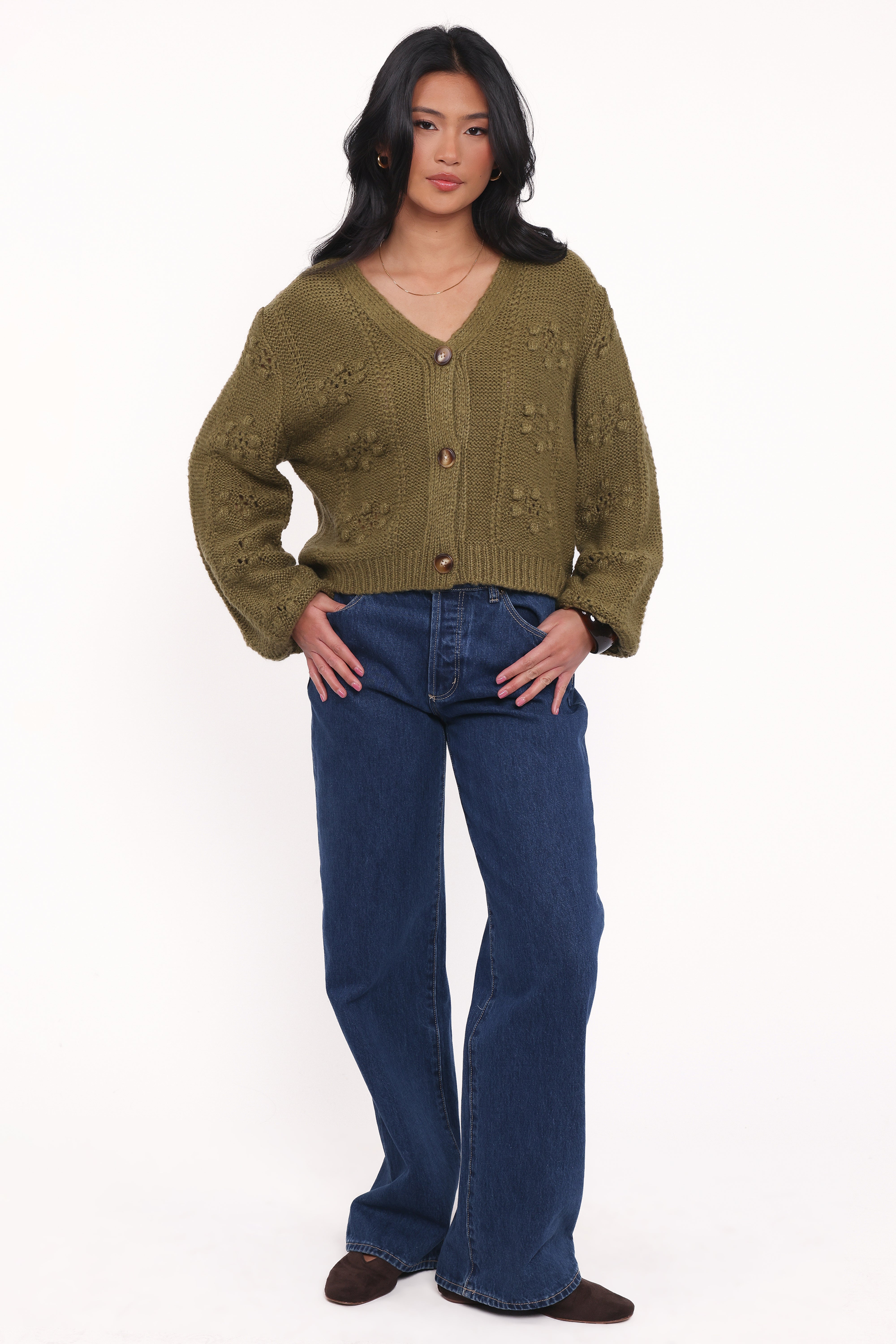 Melody Textured Button Up Cardigan - Olive