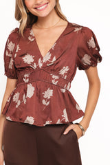 Griffin Peplum Blouse - Brown Floral
