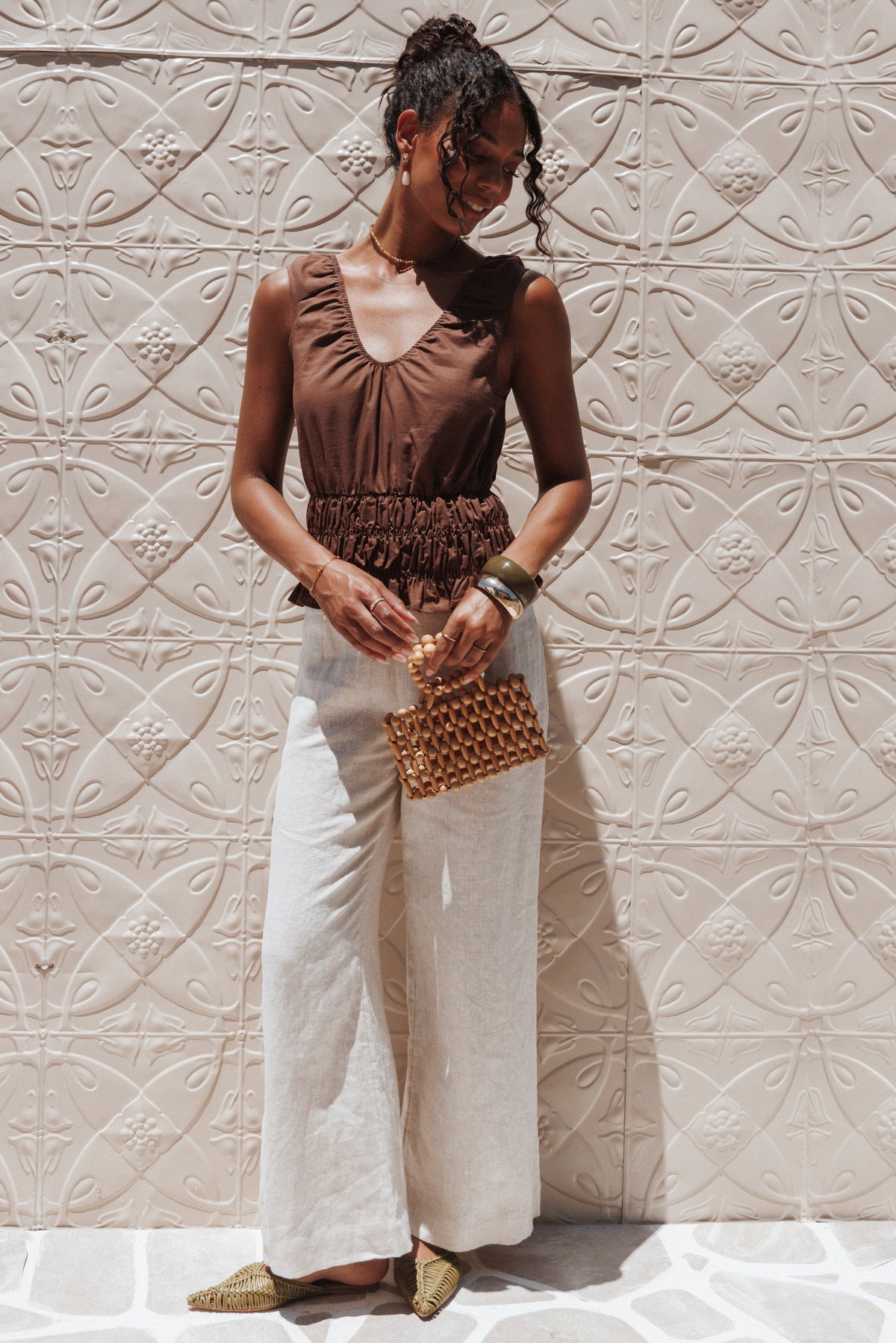 Lucilla Shirred Waist Top - Chocolate