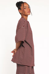 Wilda Oversized Tee - Burgundy Cream Stripe